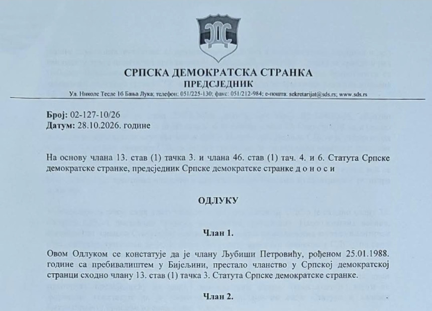 Blanuša poništio prvu odluku, a onda donio novu po Statutu: Ljubiša Petrović više nije član Srpske demokratske stranke