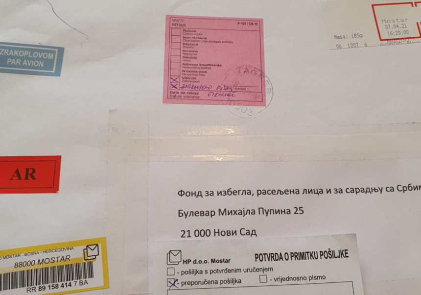 Писмо на ћирилици се не може послати из Мостара