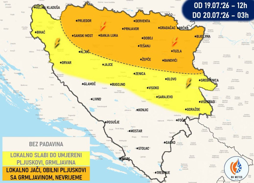 У БиХ стиже захлађење: Понегдје јак до олујни вјетар и град